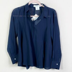 NWT Gretchen Scott Sheer Navy Blue Partial Button Down Shirt Seamed Blouse Sz XS